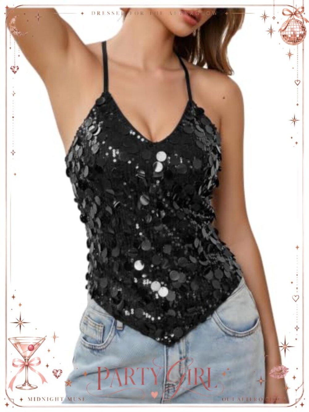 Sequin Sparkly V Neck Backless Disco Halter Tank Top Sleeveless Party